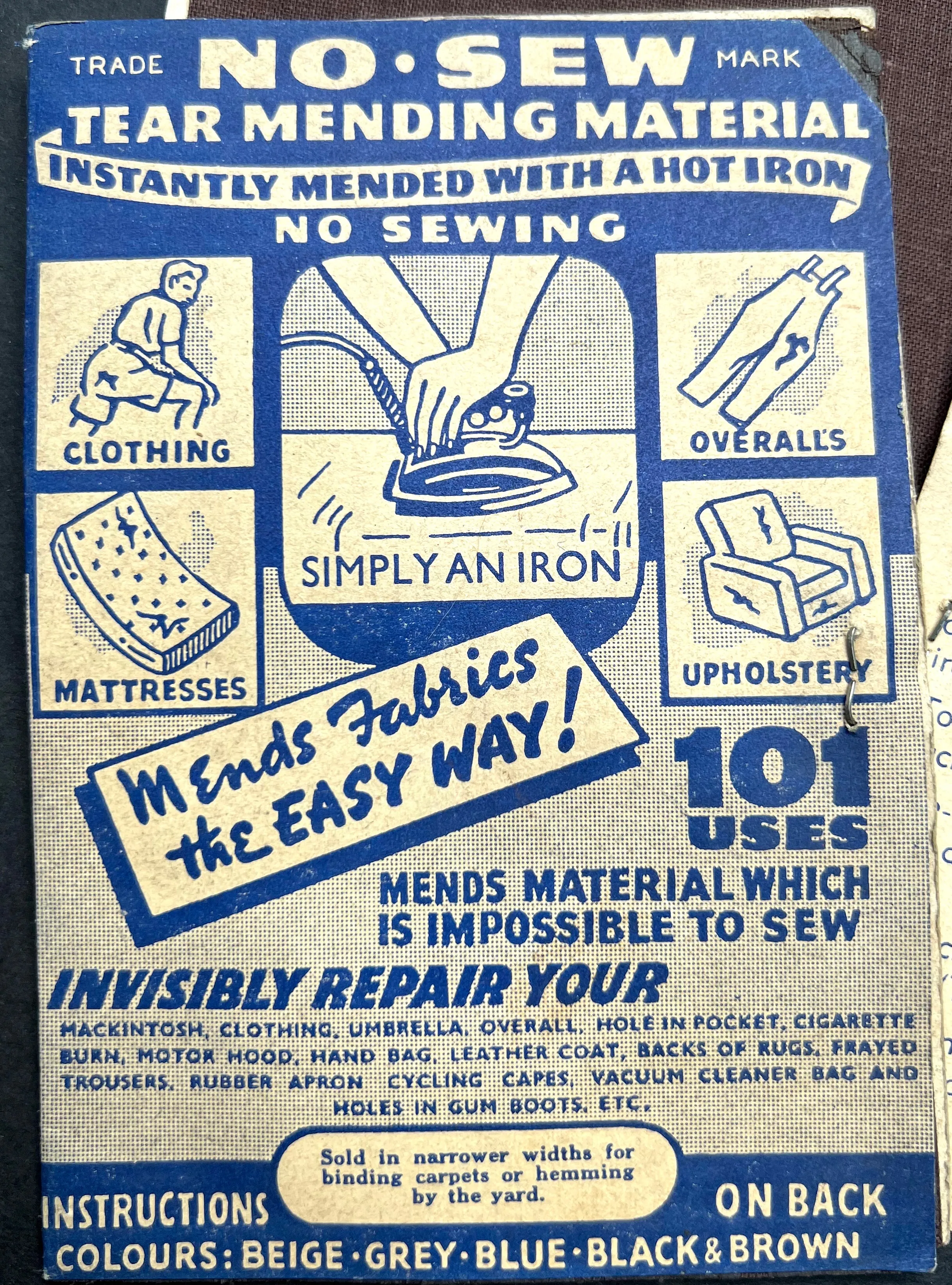 1940s NO SEW TEAR MENDING MATERIAL - 3 Colours - With Instructions !