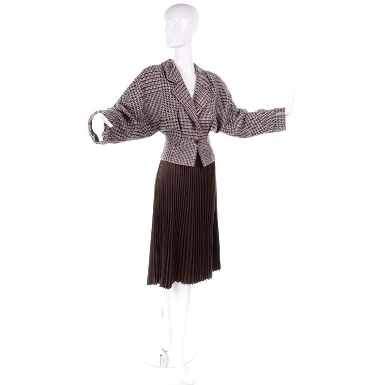 1980s Giorgio Armani Cropped Houndstooth Jacket & Pleated Midi Skirt
