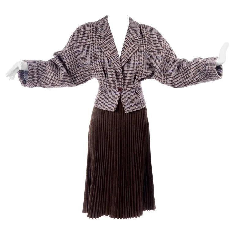 1980s Giorgio Armani Cropped Houndstooth Jacket & Pleated Midi Skirt