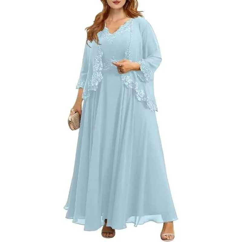 2 Piece Mother of The Bride Dresses Appliques Midi Length Wedding Guest Dress with Jacket