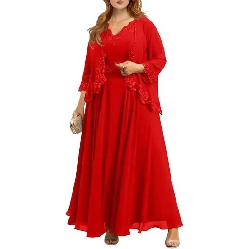 2 Piece Mother of The Bride Dresses Appliques Midi Length Wedding Guest Dress with Jacket