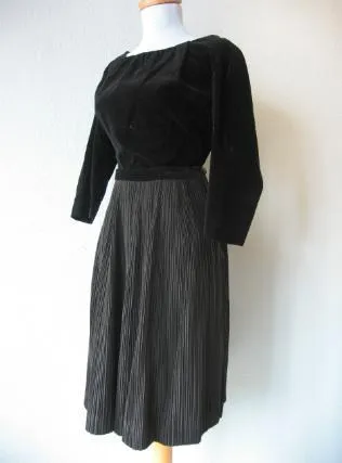 50s Women's Dress Outfit Black Velvet Taffeta Vintage Cocktail Top & Crystal Pleat Full Skirt Medium VFG