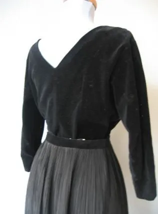 50s Women's Dress Outfit Black Velvet Taffeta Vintage Cocktail Top & Crystal Pleat Full Skirt Medium VFG