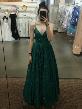 A Line V Neck Spaghetti Straps Backless Dark Green Prom, Dark Green Formal, Evening