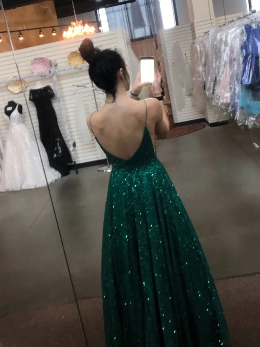A Line V Neck Spaghetti Straps Backless Dark Green Prom, Dark Green Formal, Evening