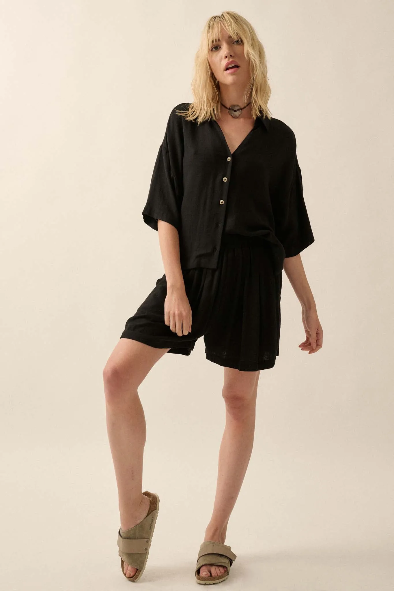 Act Natural Linen-Blend Oversize Short-Sleeve Shirt
