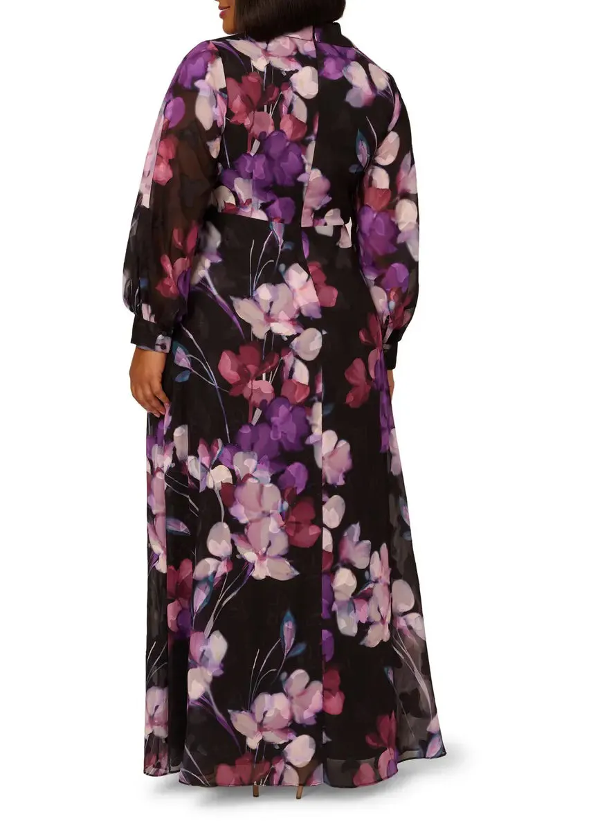 Adrianna Papell collared V-neck long sleeve zipper closure floral print georgette gown