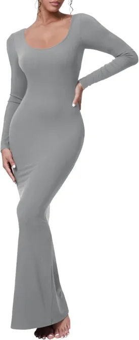 AIBIANOCEL Women's Square Neck Maxi Dress Long Sleeve Ribbed Bodycon Dress Soft Lounge Dress