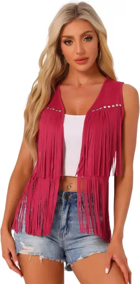 Allegra K Women's Fringe Vest Open Front Western 70s Outfits Faux Suede Tassel Cardigan