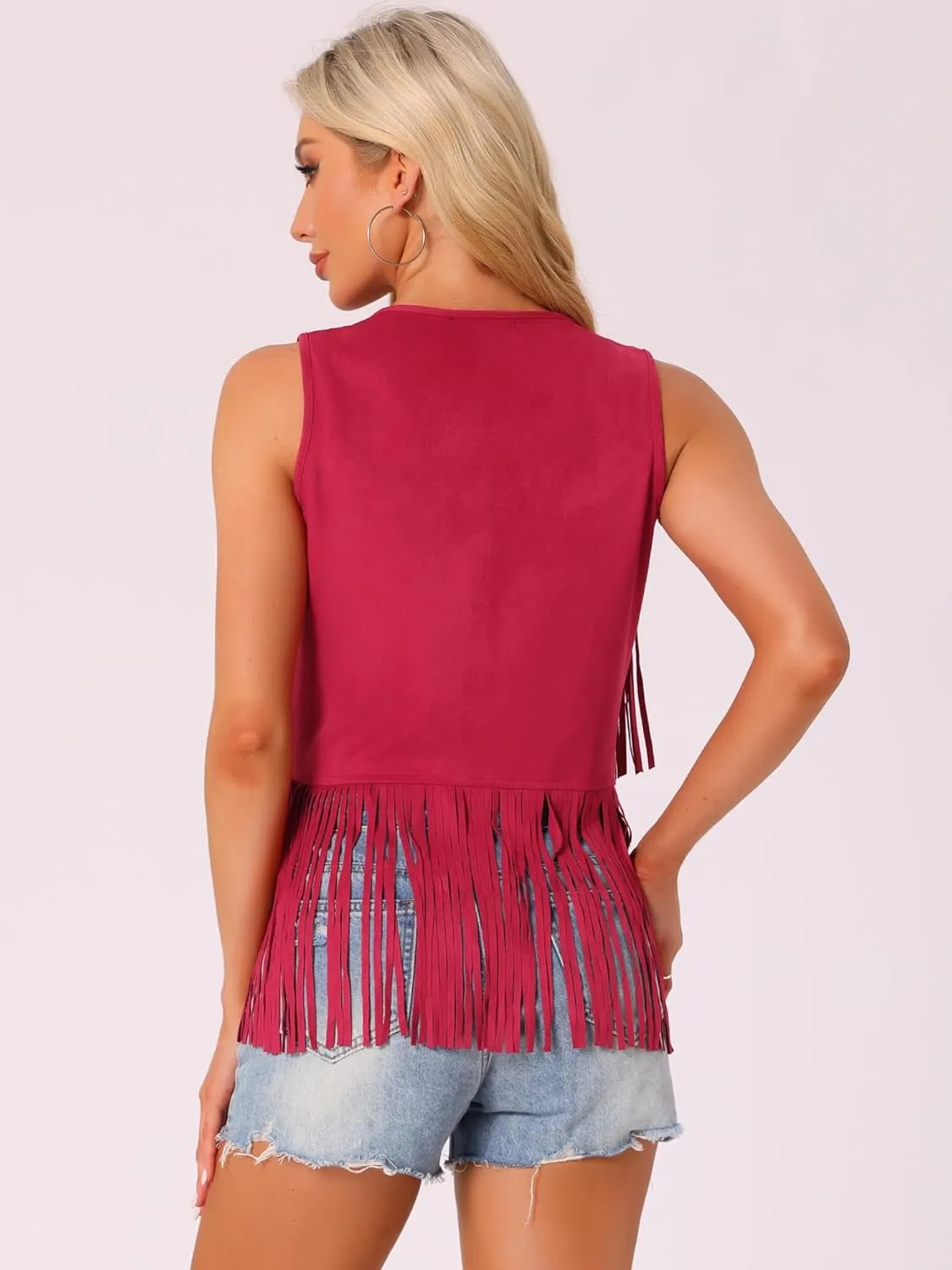 Allegra K Women's Fringe Vest Open Front Western 70s Outfits Faux Suede Tassel Cardigan