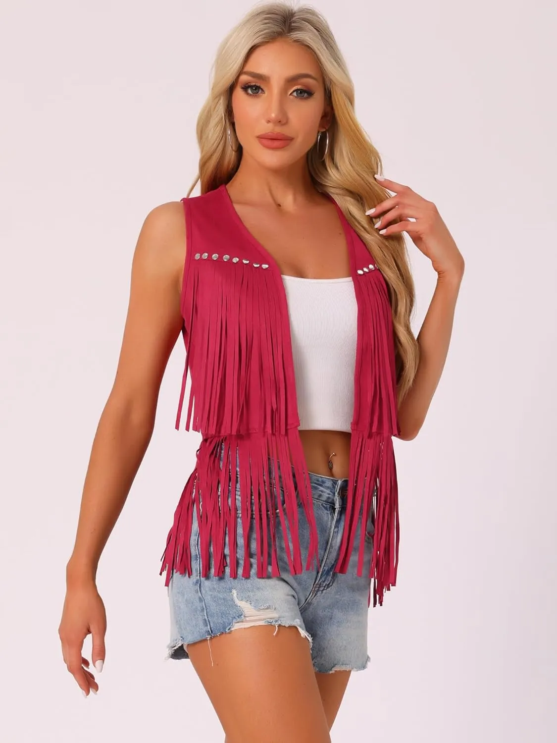 Allegra K Women's Fringe Vest Open Front Western 70s Outfits Faux Suede Tassel Cardigan