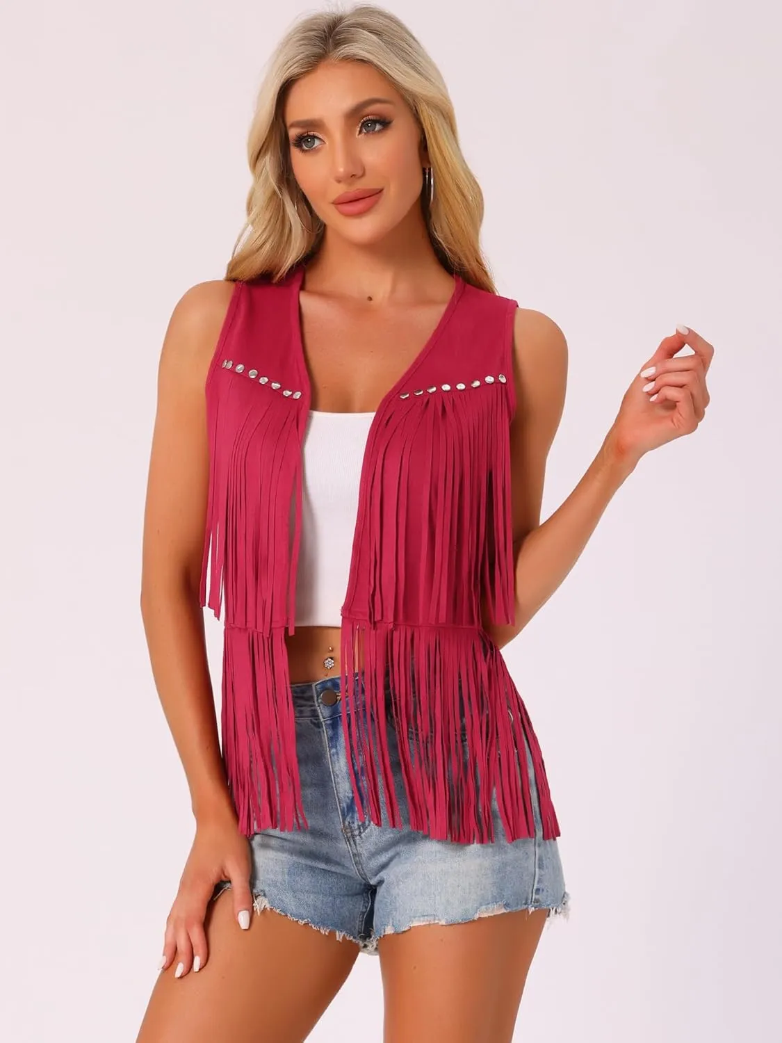 Allegra K Women's Fringe Vest Open Front Western 70s Outfits Faux Suede Tassel Cardigan