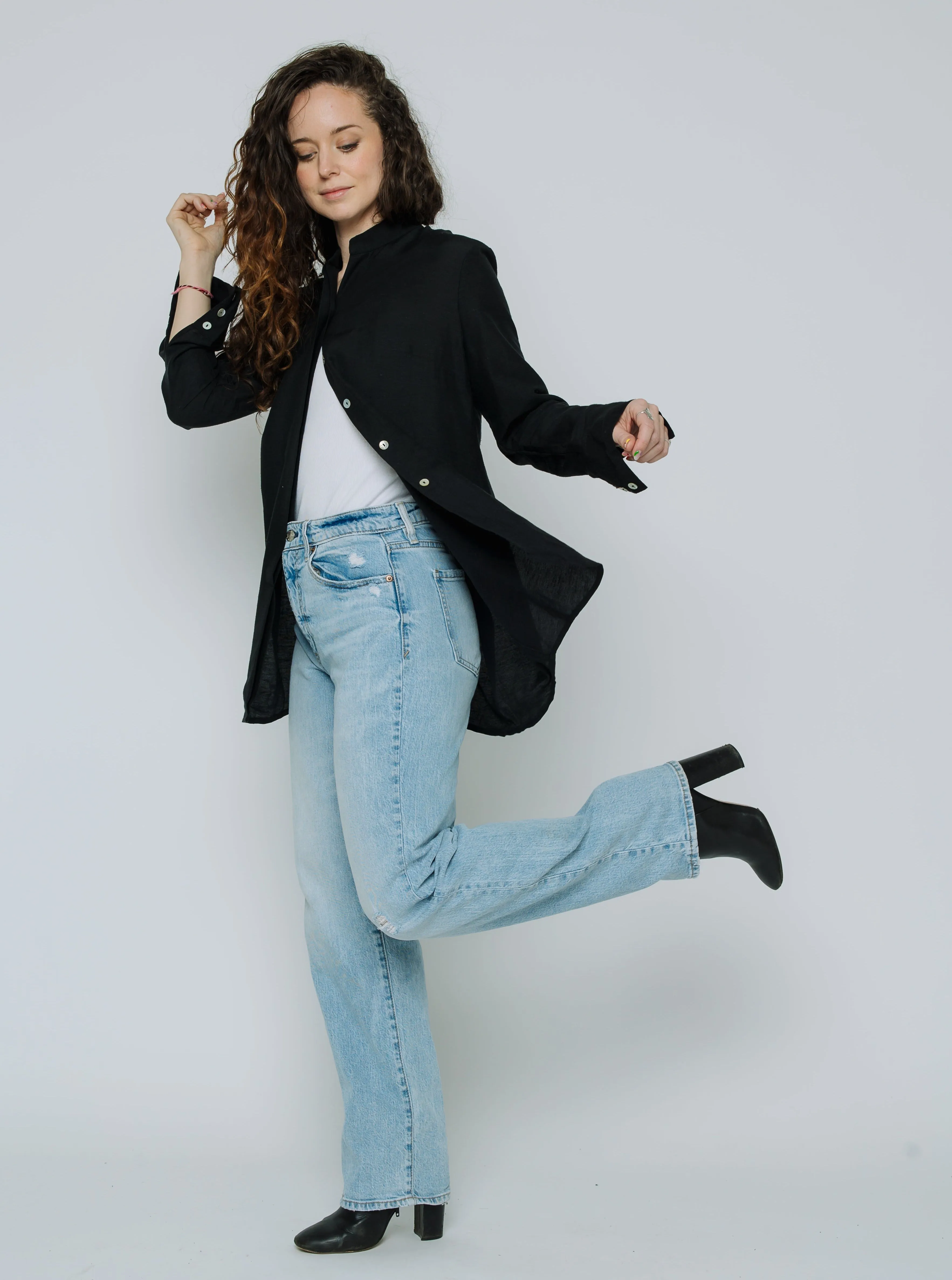Ana Button Down Shirt (Black Silky)