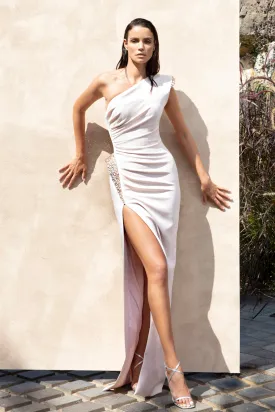 Asymmetrical nude pink draped dress