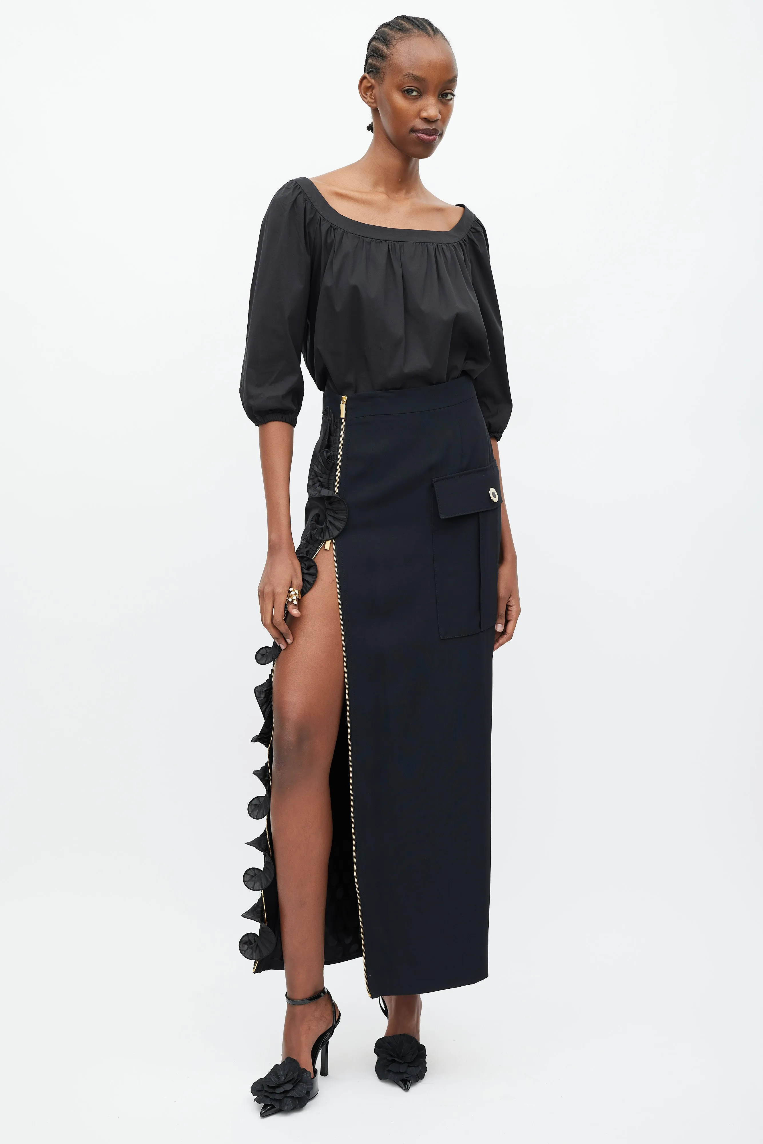 Black Ruffle Cargo Maxi Skirt