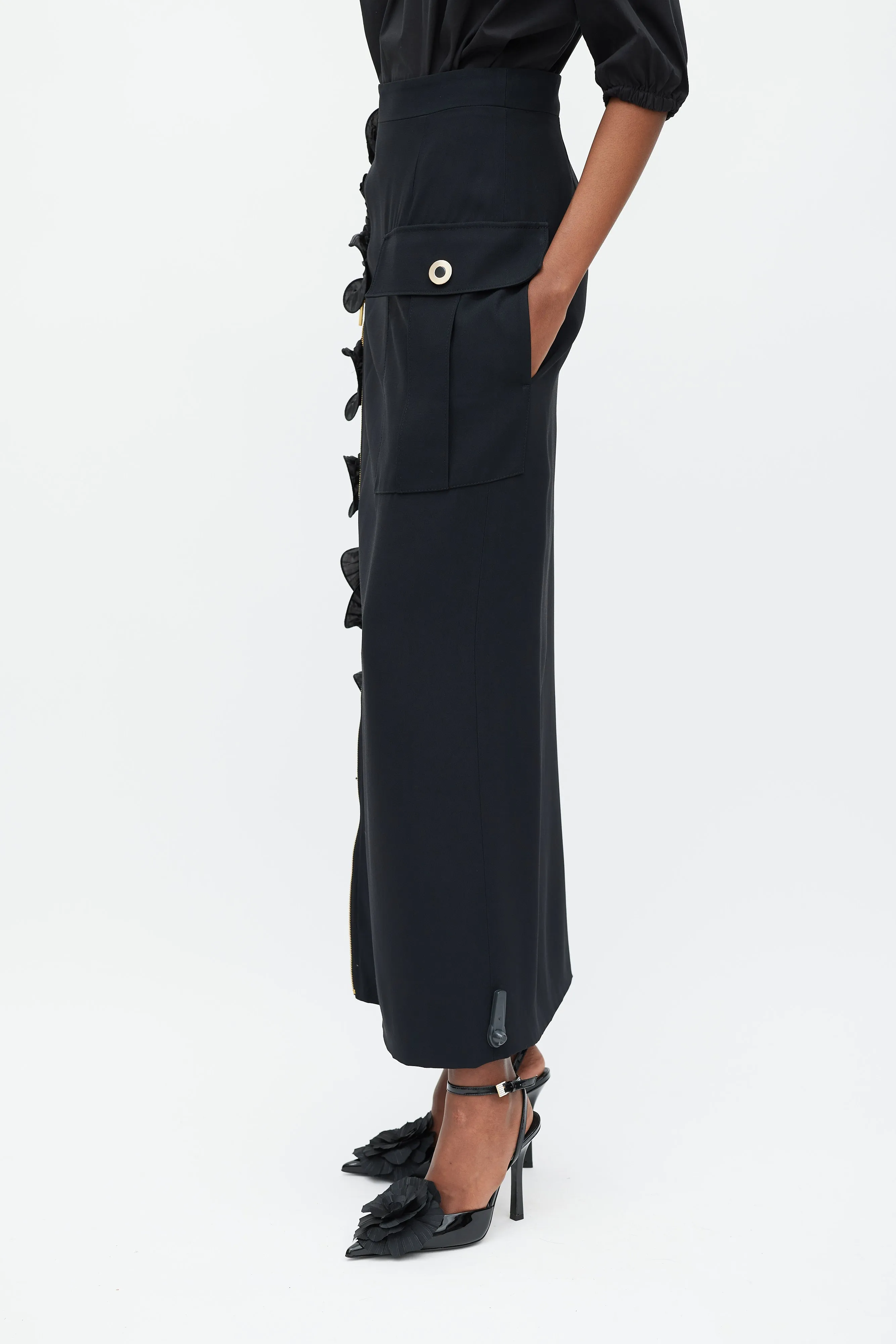 Black Ruffle Cargo Maxi Skirt