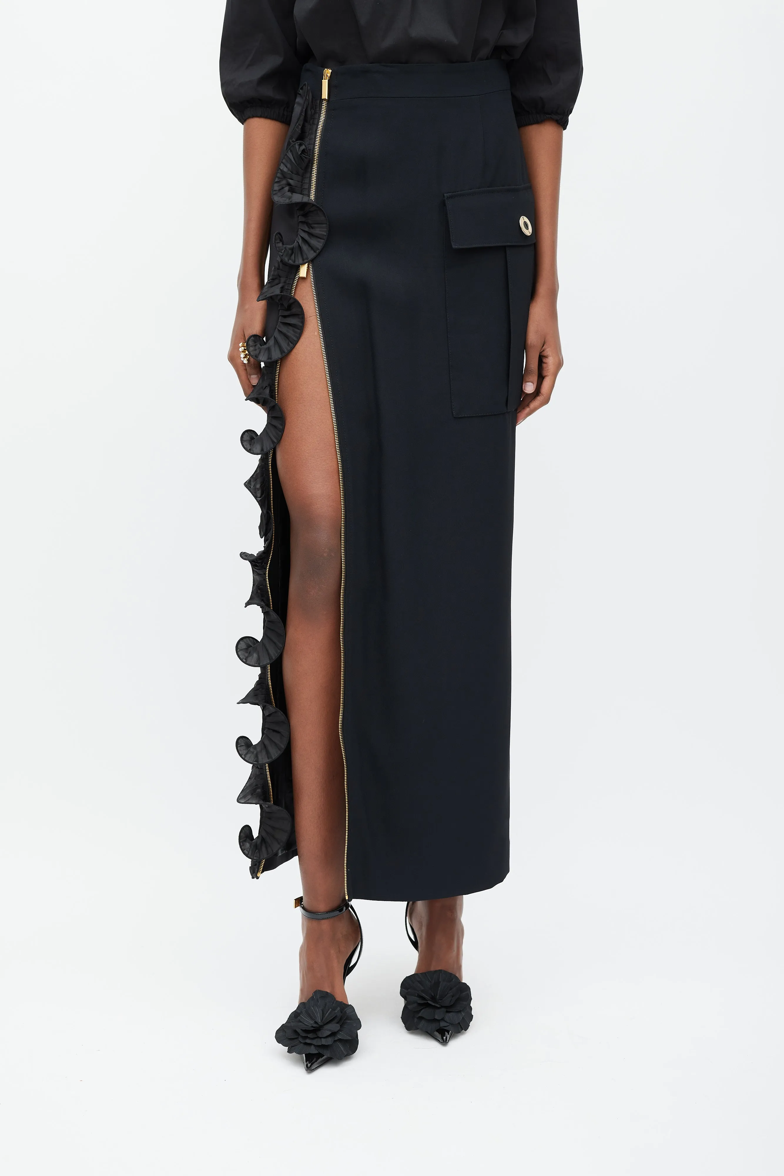 Black Ruffle Cargo Maxi Skirt