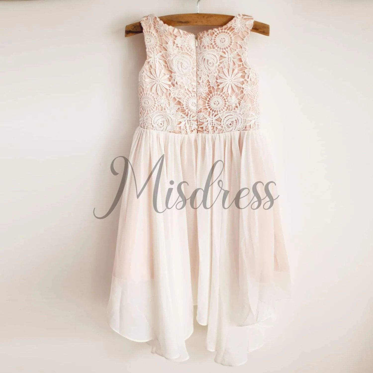 Boho Beach Ivory Lace Chiffon Pink Lining Wedding Flower Girl Dress