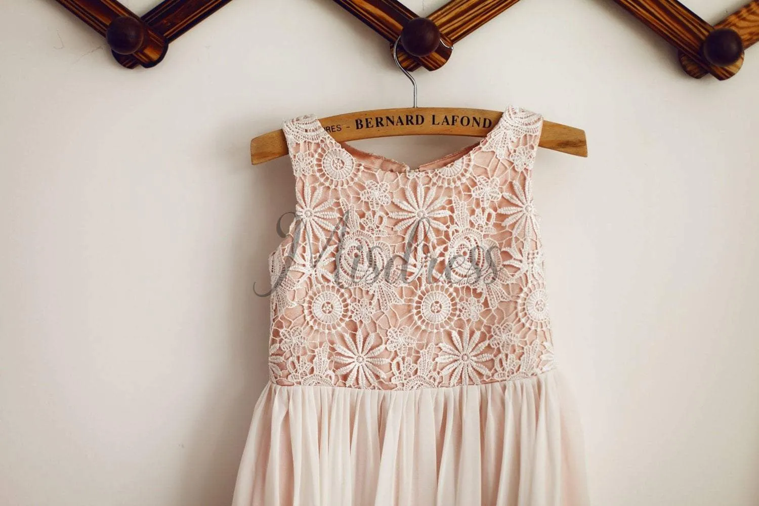 Boho Beach Ivory Lace Chiffon Pink Lining Wedding Flower Girl Dress