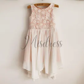 Boho Beach Ivory Lace Chiffon Pink Lining Wedding Flower Girl Dress