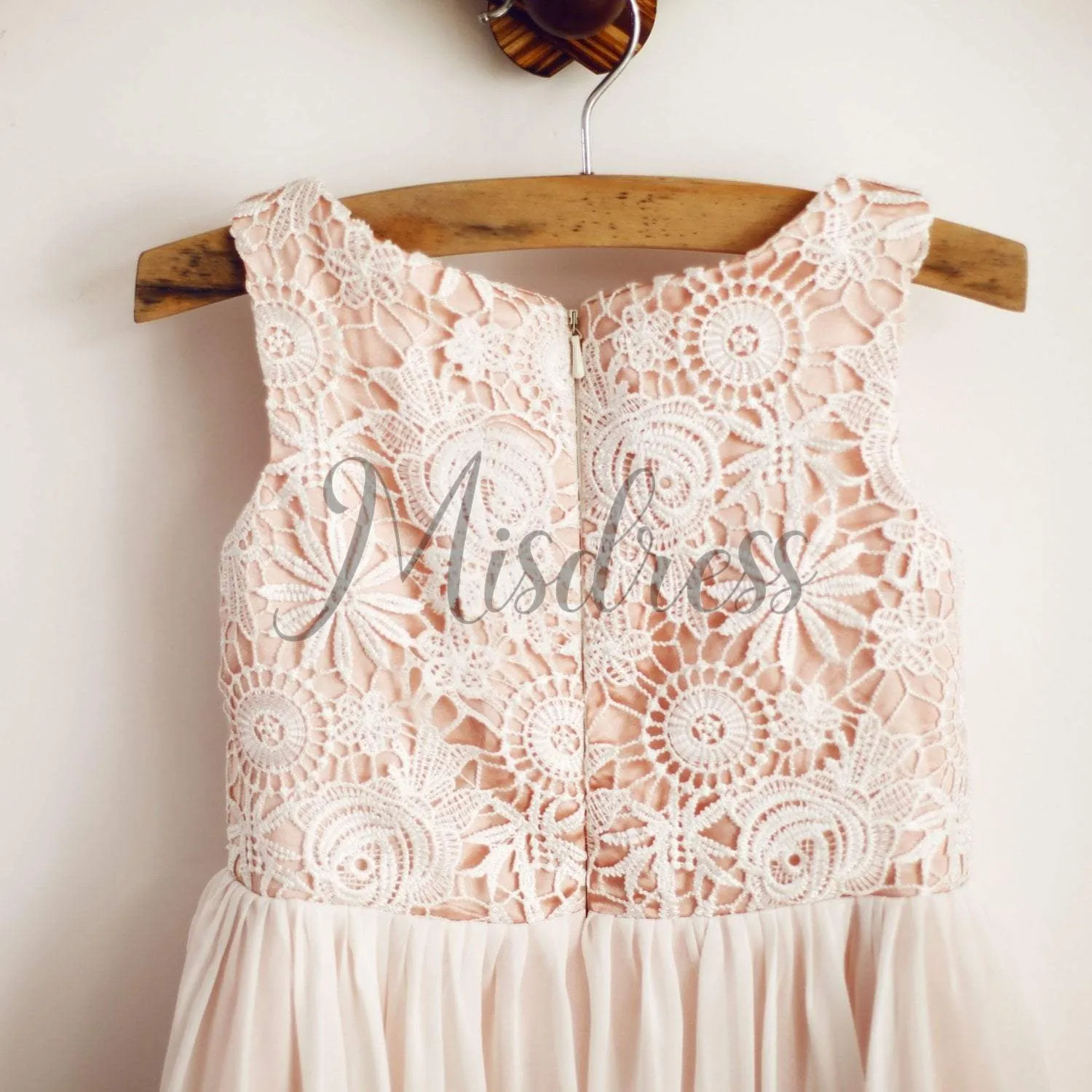Boho Beach Ivory Lace Chiffon Pink Lining Wedding Flower Girl Dress