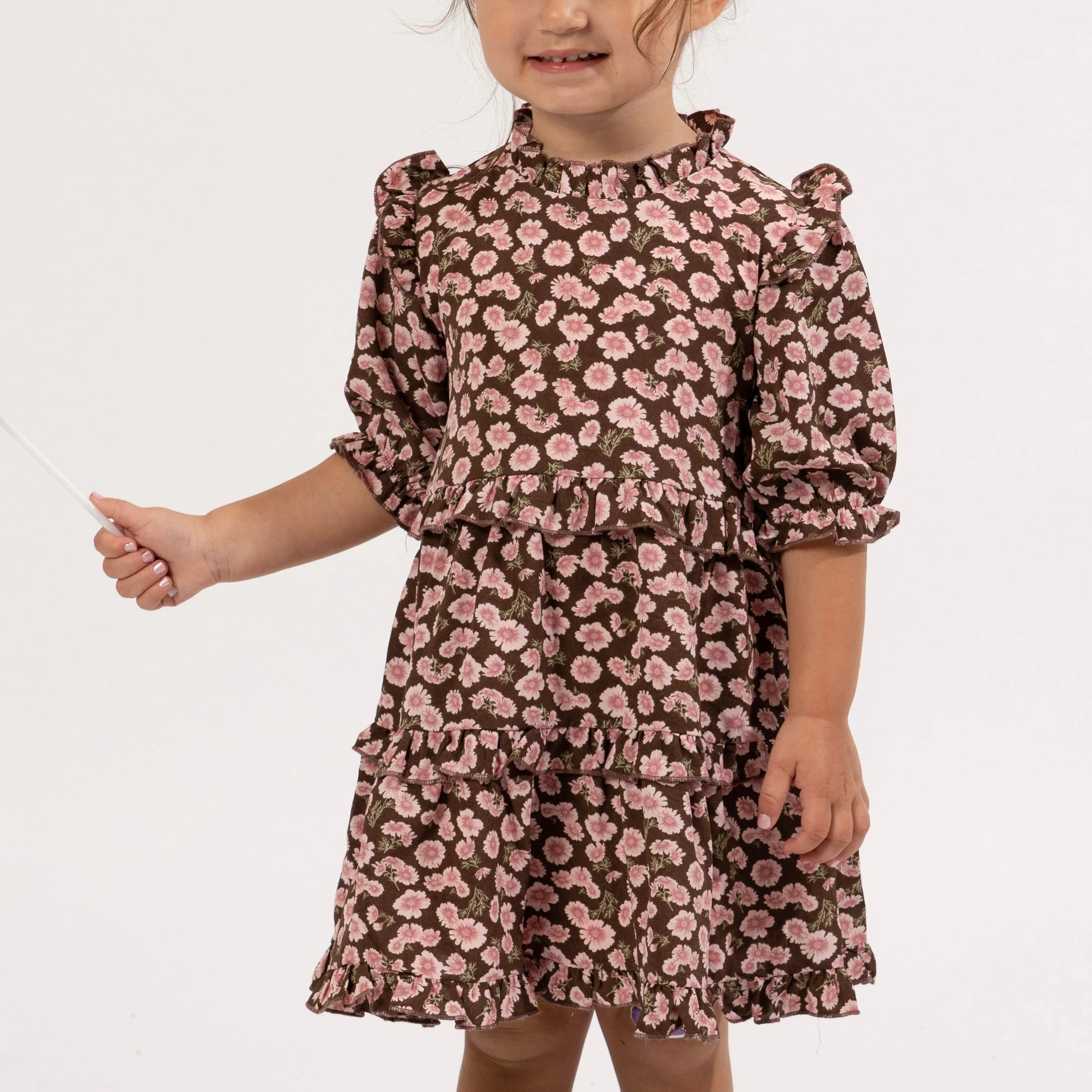 Brown Daisy Ruffle Tiered Dress