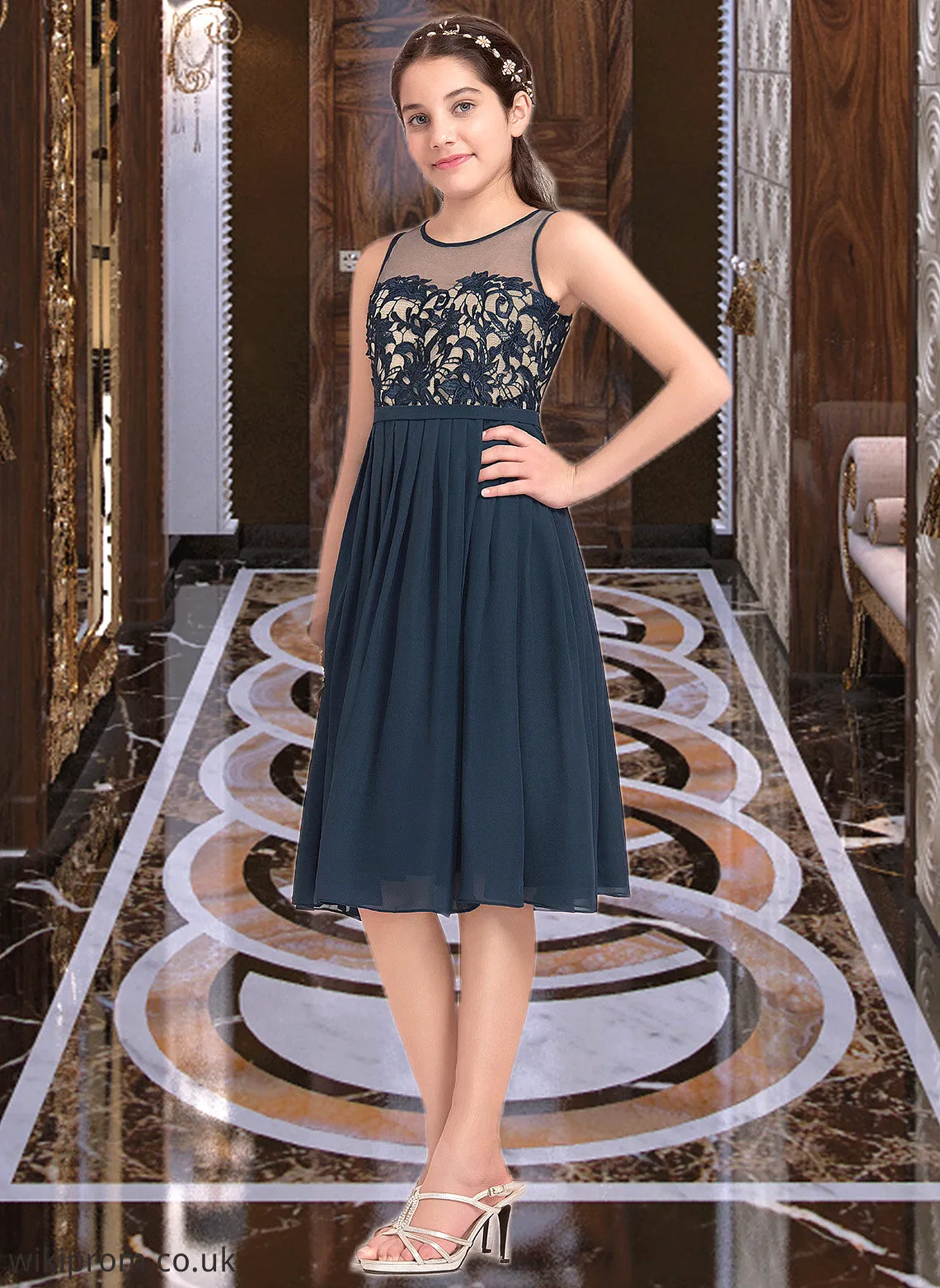 Brynn A-Line Scoop Neck Knee-Length Chiffon Junior Bridesmaid Dress SWKP0013614