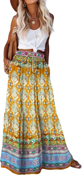 Bsubseach Skirts for Women Summer 2025 Boho Pleated Flowy Long Skirts Casual A Line Floral Maxi Skirt with Pockets
