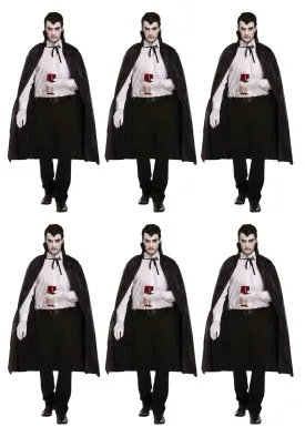 Bundle of 6 Black Dracula Long Capes with Collar - Halloween Unisex Scary Vampire Fancy Dress Costume Accessories