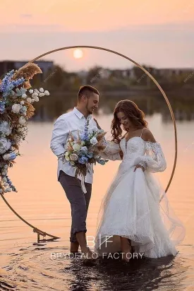Cold Shoulder Designer Lace Plunging Neck Beach Autumn Wedding Dress