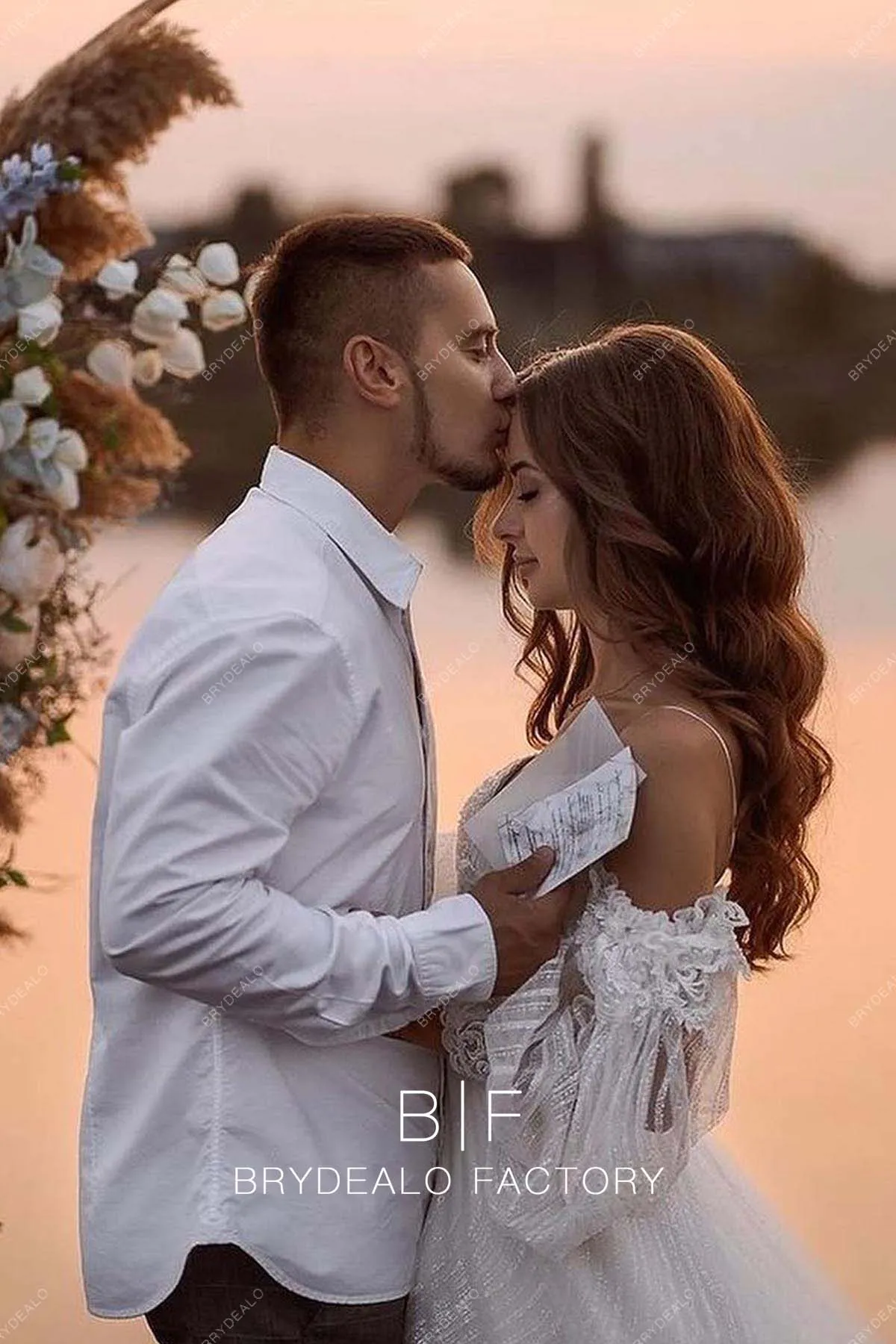 Cold Shoulder Designer Lace Plunging Neck Beach Autumn Wedding Dress