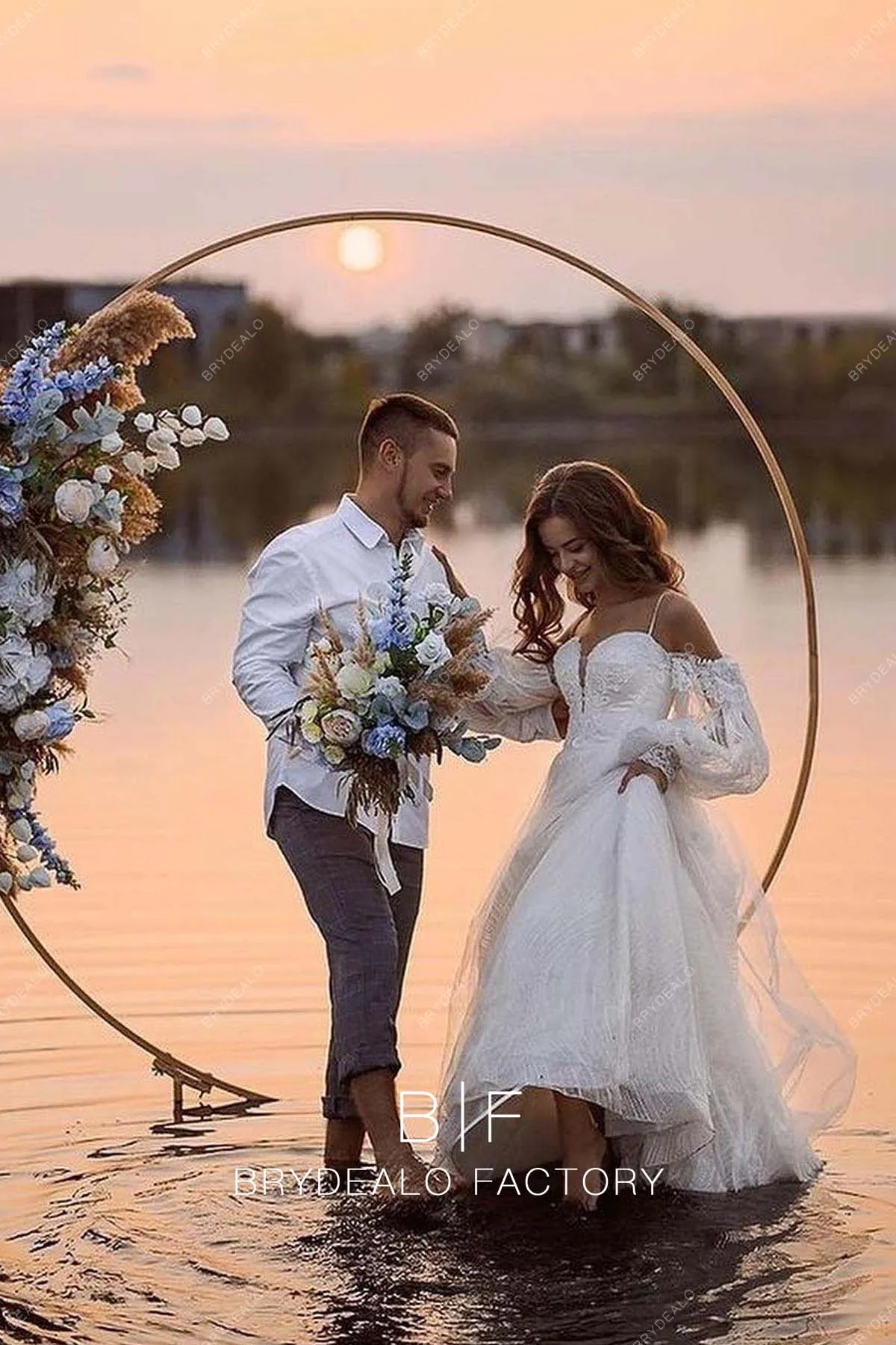 Cold Shoulder Designer Lace Plunging Neck Beach Autumn Wedding Dress
