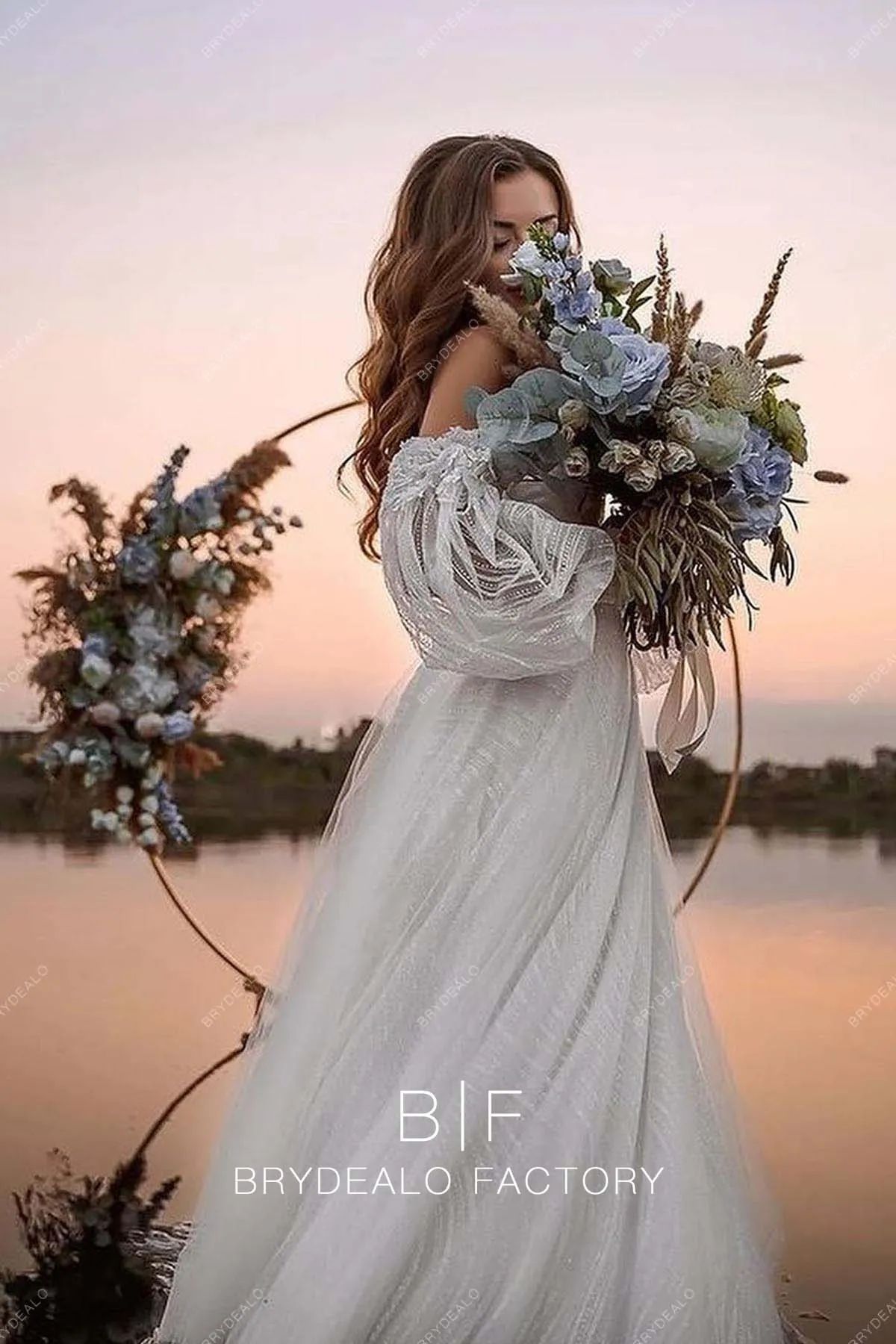 Cold Shoulder Designer Lace Plunging Neck Beach Autumn Wedding Dress