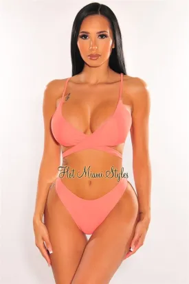 Coral Padded Crochet Spaghetti Straps Wrap Around Bikini Top