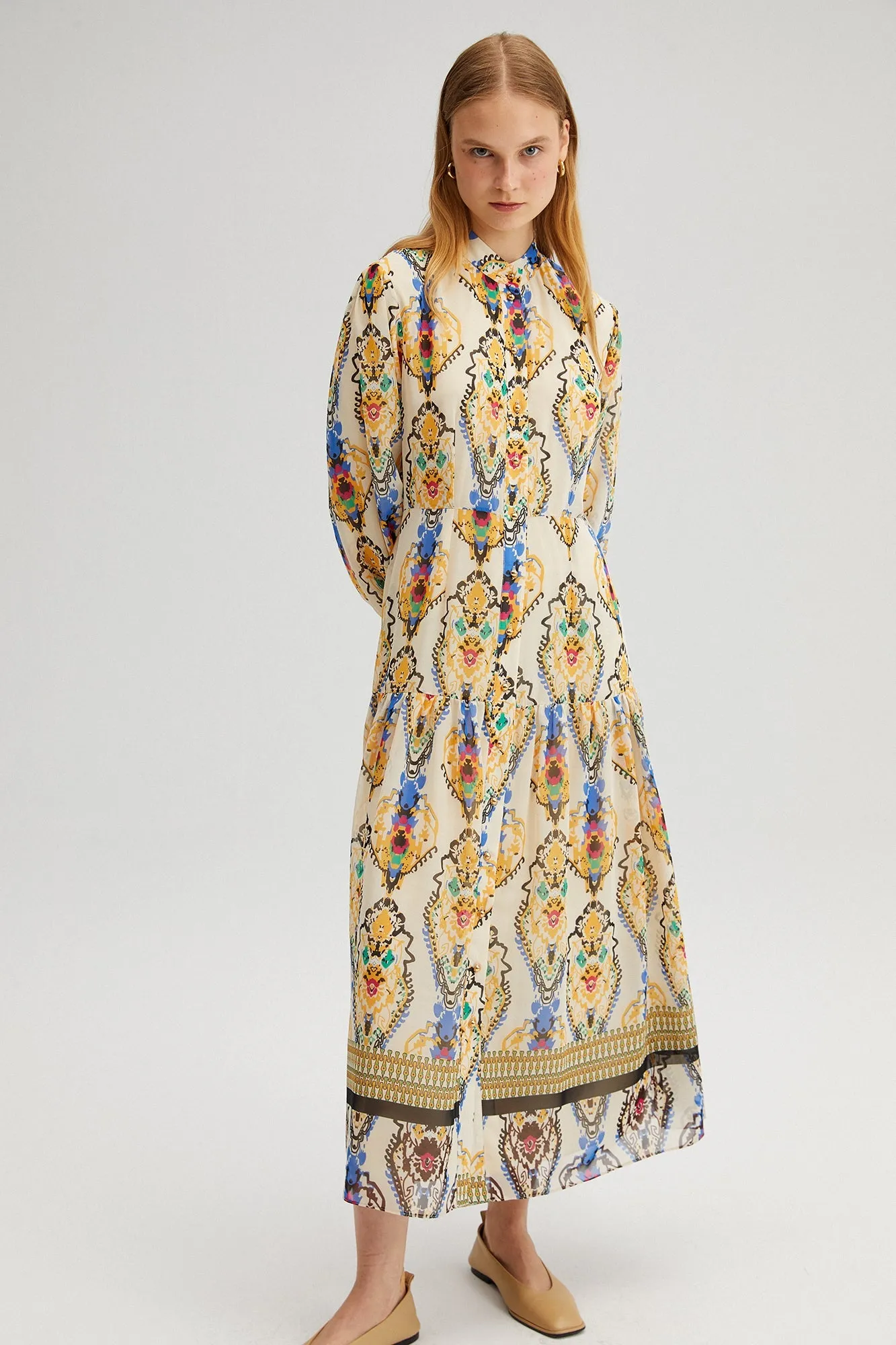 Cream Patterned Chiffon Dress