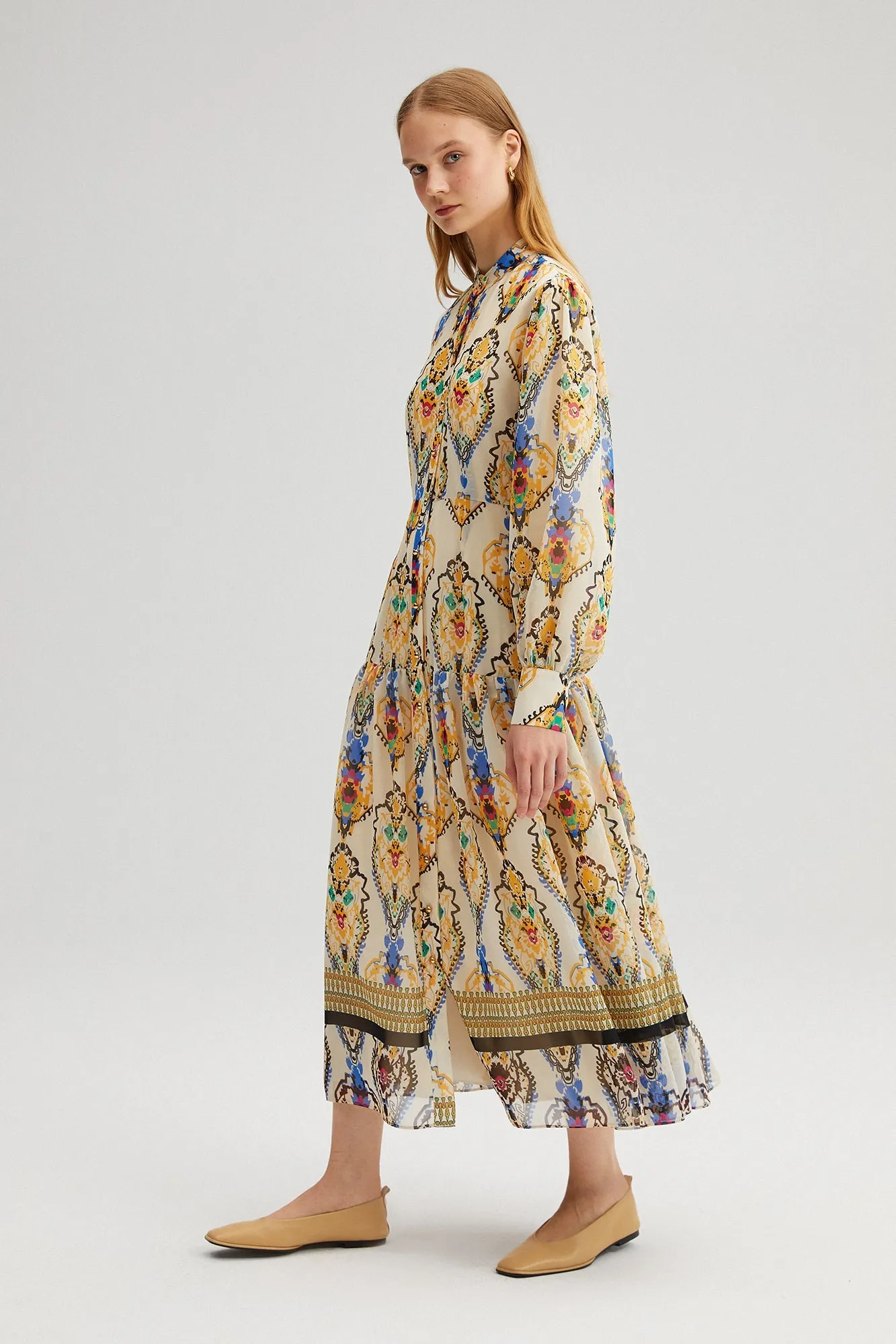 Cream Patterned Chiffon Dress