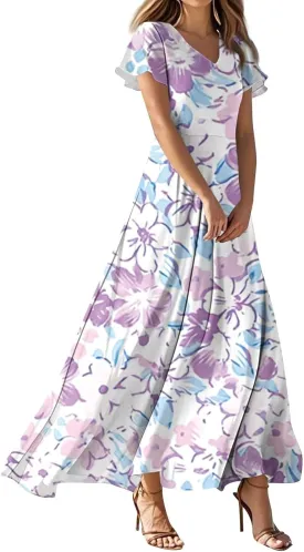 Cute Floral Maxi Dresses for Women 2025 Flowy Short Sleeve Chiffon Dress Summer Casual Prom Beach Clothes Easter Dress