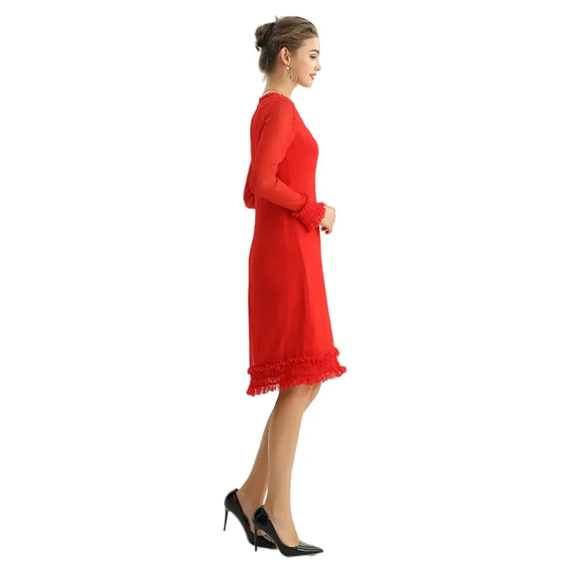 D099 Women silk plissé chiffon long sleeves ruffle detailed straight cut midi party dress