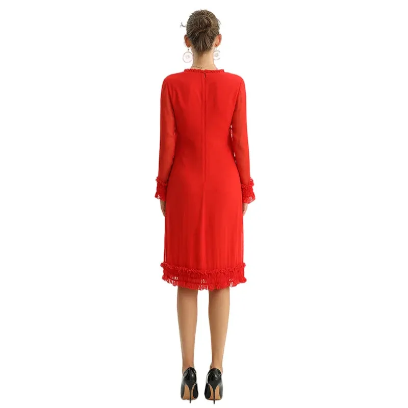 D099 Women silk plissé chiffon long sleeves ruffle detailed straight cut midi party dress