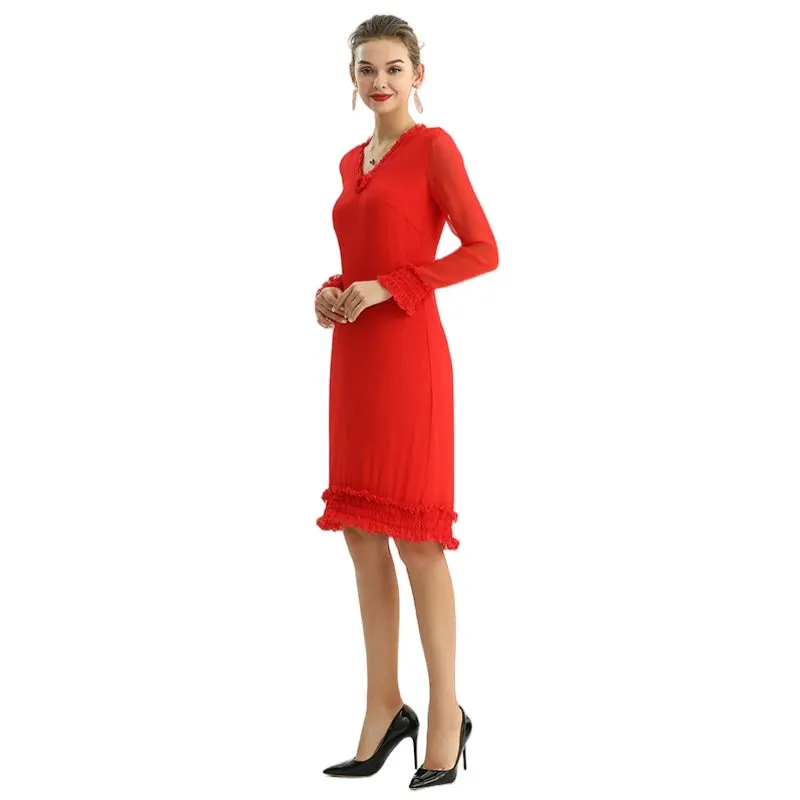 D099 Women silk plissé chiffon long sleeves ruffle detailed straight cut midi party dress