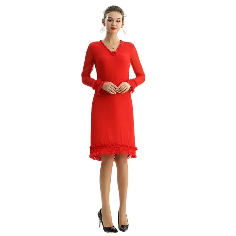 D099 Women silk plissé chiffon long sleeves ruffle detailed straight cut midi party dress