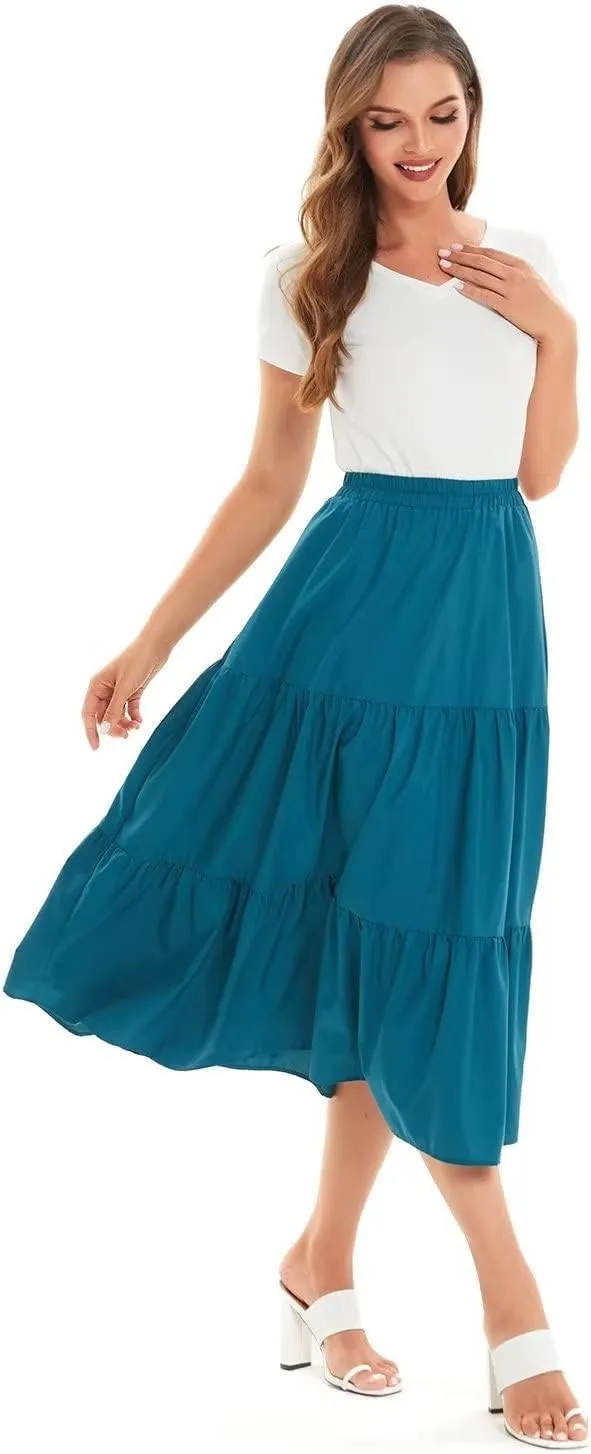 DIASHINY Women's High Waist Elastic Waist A Line Solid Pleated Tiered Long Skirt