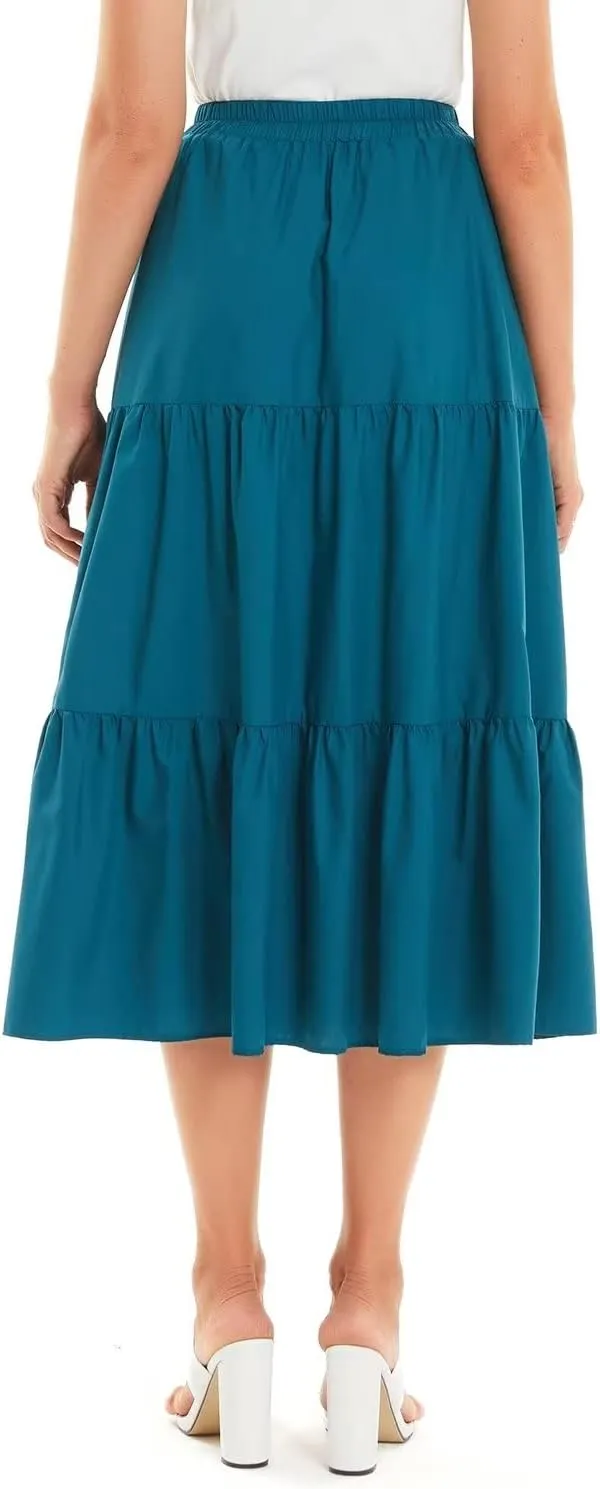 DIASHINY Women's High Waist Elastic Waist A Line Solid Pleated Tiered Long Skirt