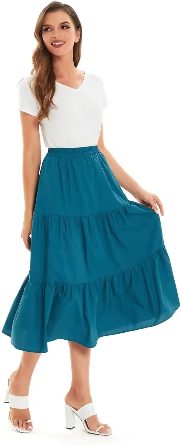 DIASHINY Women's High Waist Elastic Waist A Line Solid Pleated Tiered Long Skirt