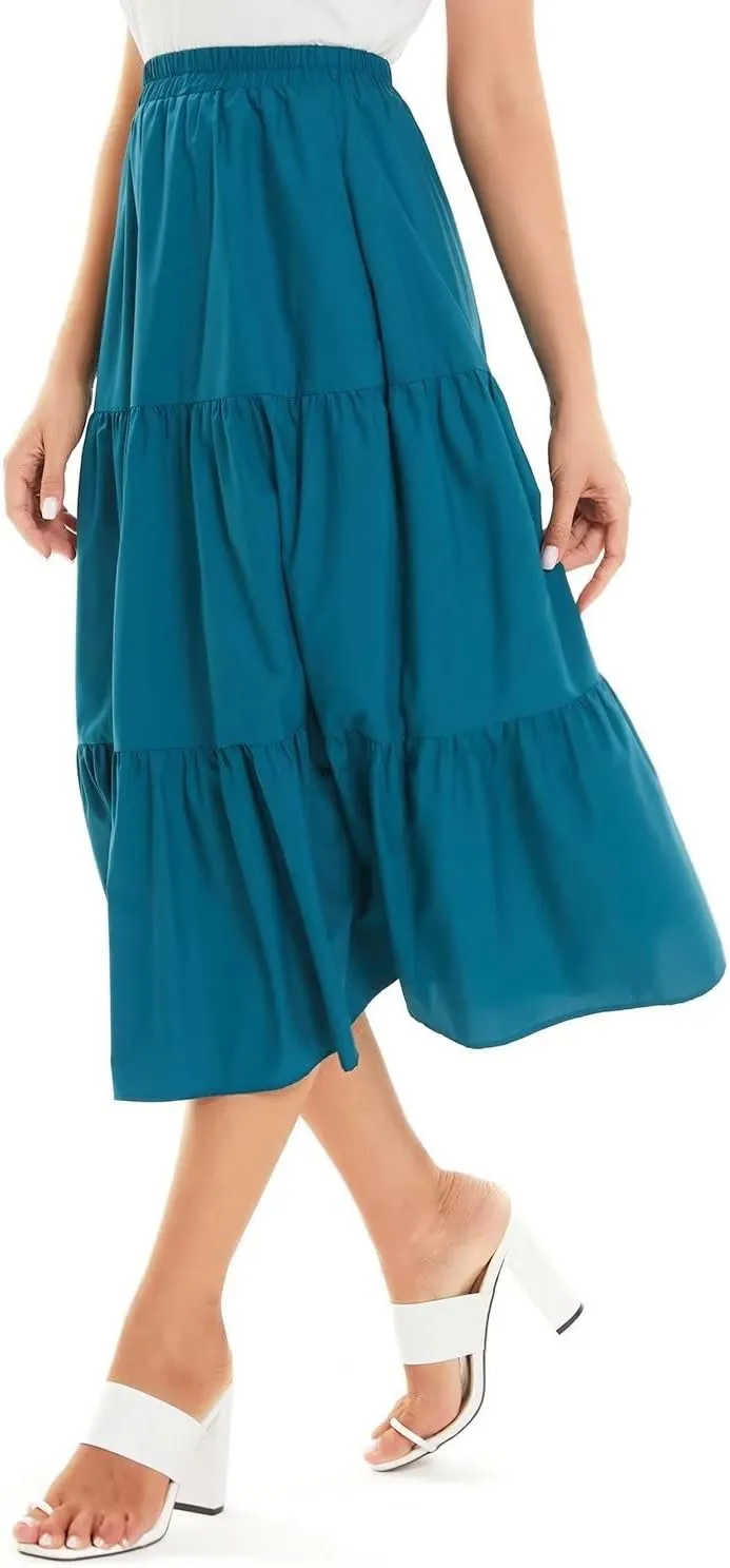 DIASHINY Women's High Waist Elastic Waist A Line Solid Pleated Tiered Long Skirt