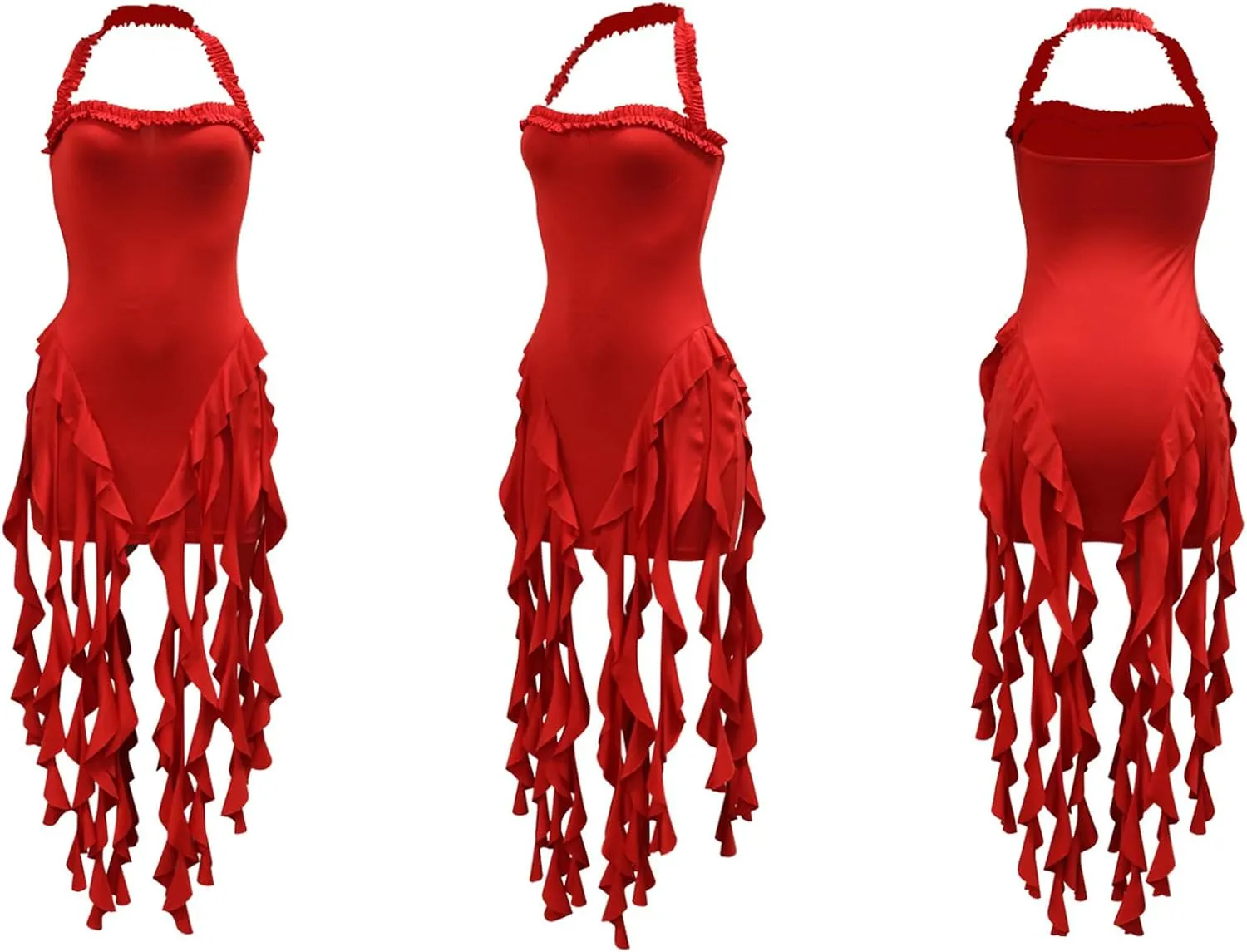 Ecirod Womens Summer Ruffle Fringe Mini Dress Sexy Halter Backless Cocktail Party Short Bodycon Tassel Dresses