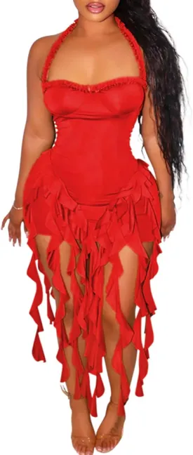 Ecirod Womens Summer Ruffle Fringe Mini Dress Sexy Halter Backless Cocktail Party Short Bodycon Tassel Dresses