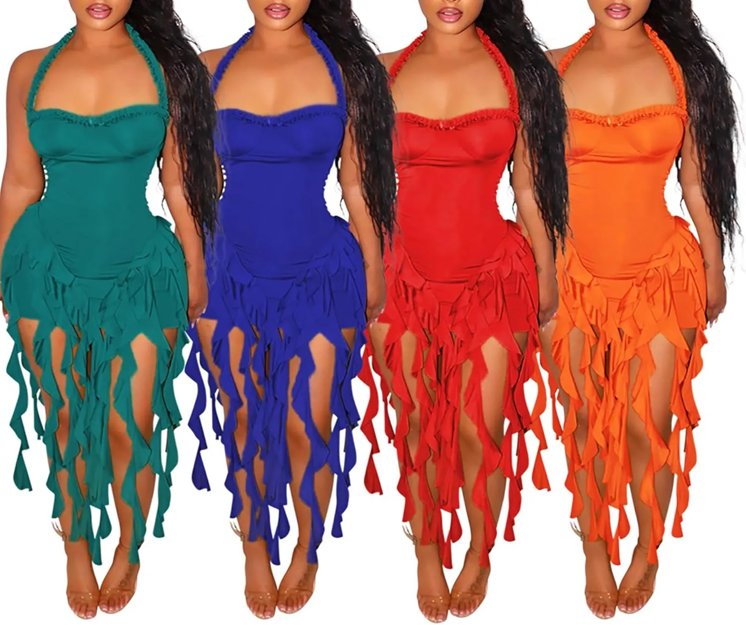 Ecirod Womens Summer Ruffle Fringe Mini Dress Sexy Halter Backless Cocktail Party Short Bodycon Tassel Dresses