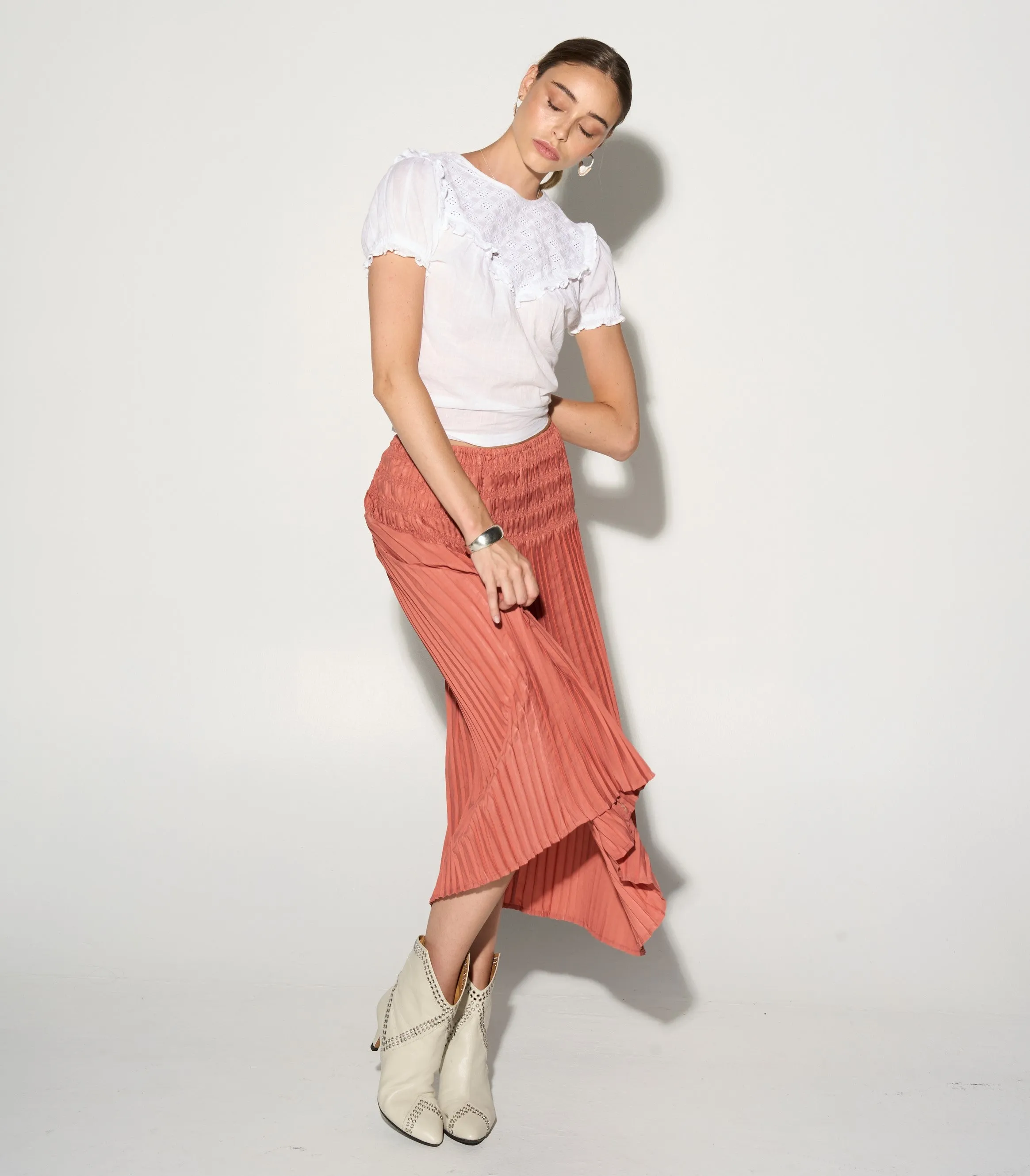 ELEA Coral pink pleated midi skirt
