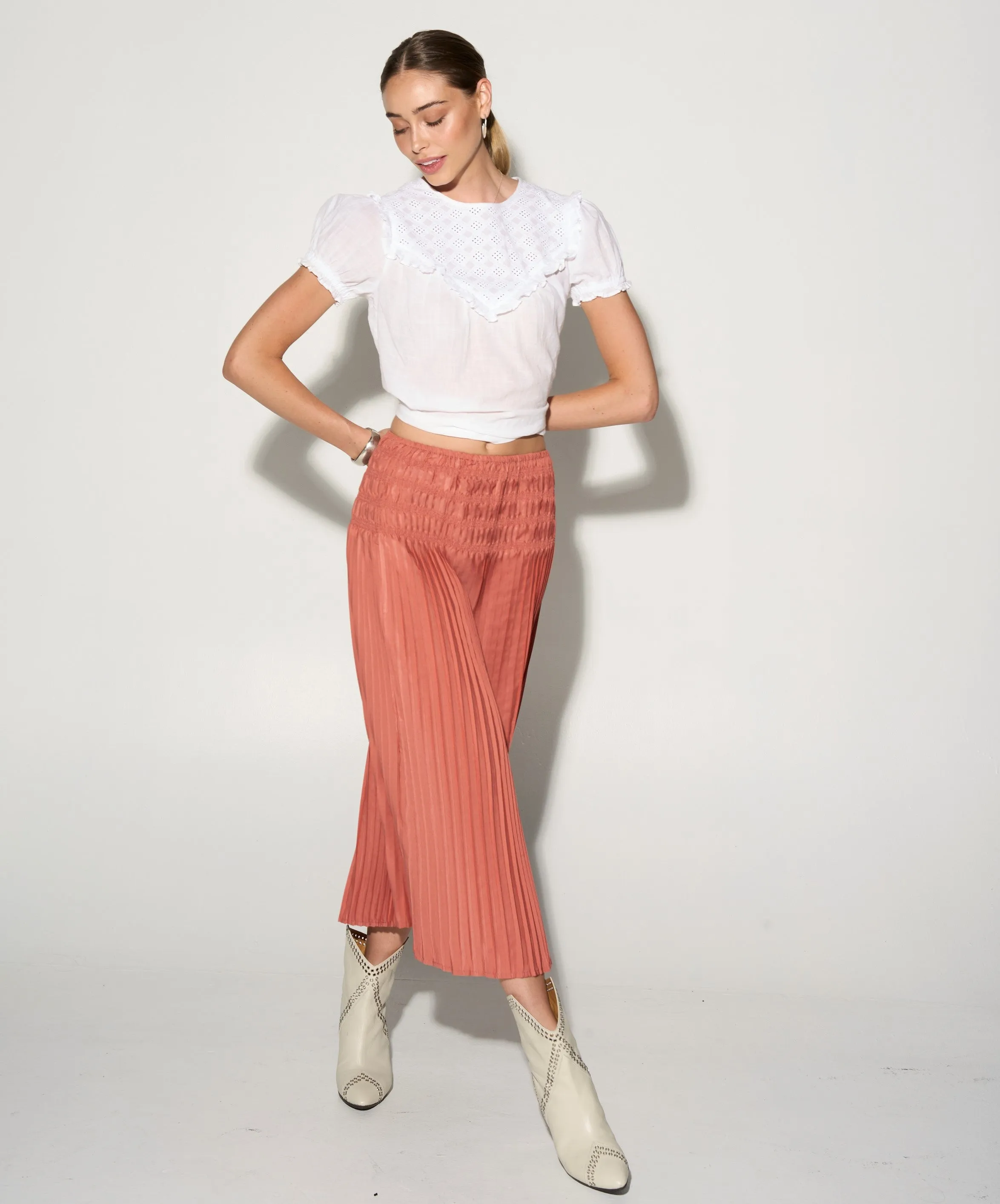 ELEA Coral pink pleated midi skirt